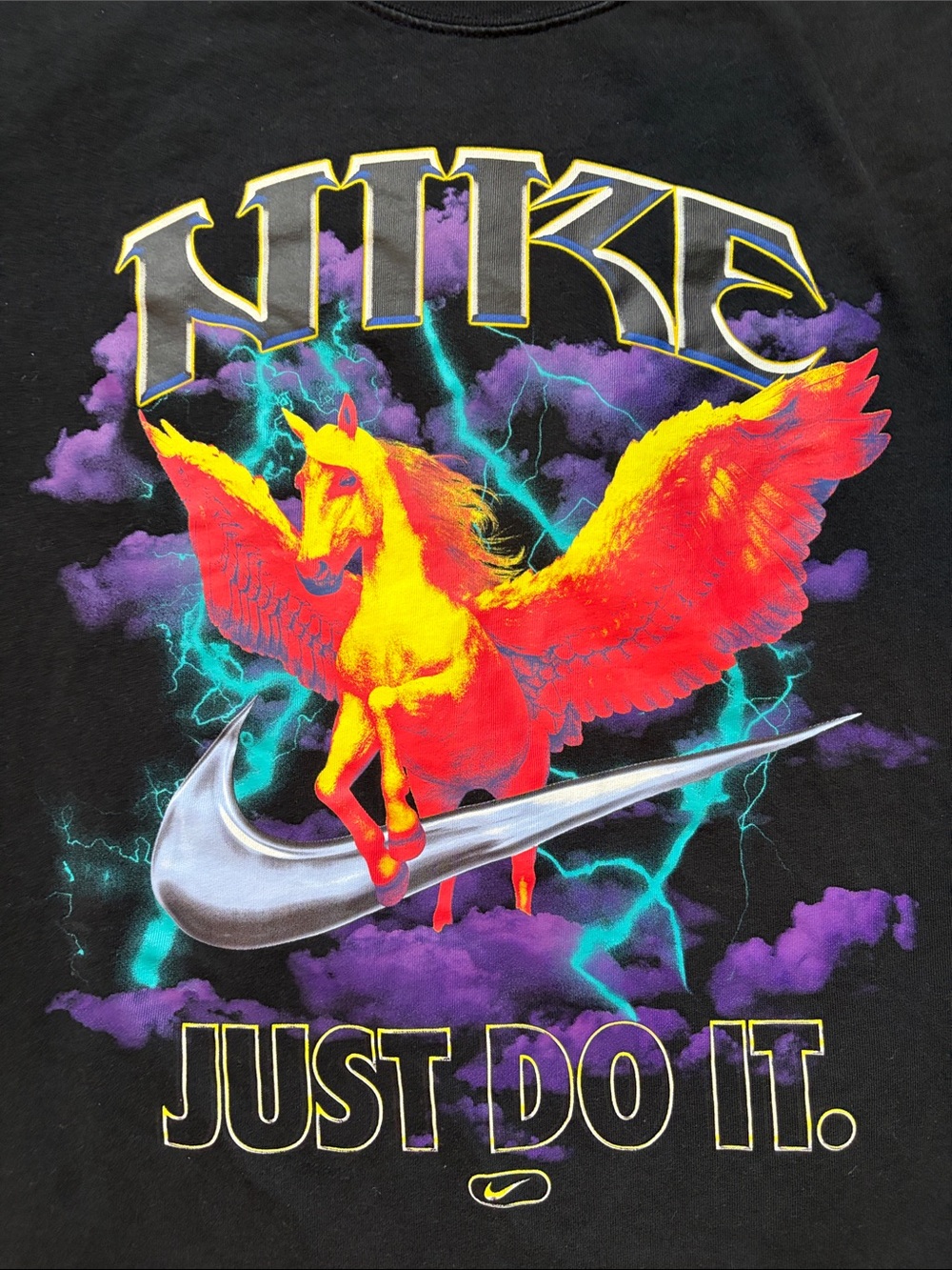 Nike Black Tee with Neon Yellow & Red Pegasus Graphic